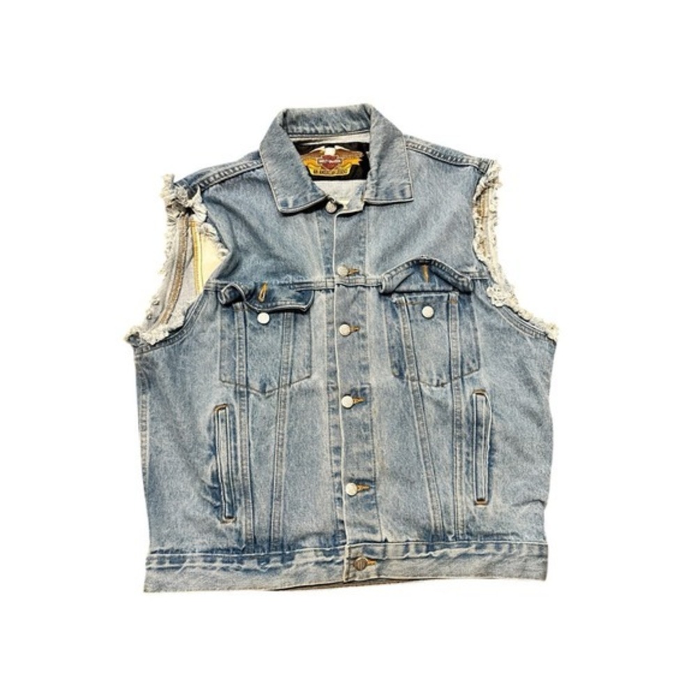 Vintage Harley Davidson Denim Vest American Flag Back Biker Cutoff Small‎ USA